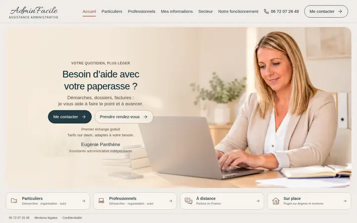 Page d’accueil du site AdminFacile